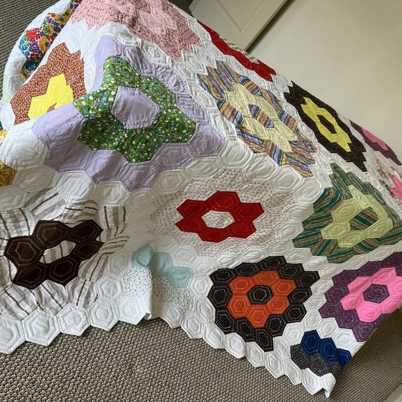 MCM Vintage Colorful Handmade Quilt Octagon Mixed Material 60x94 Flower